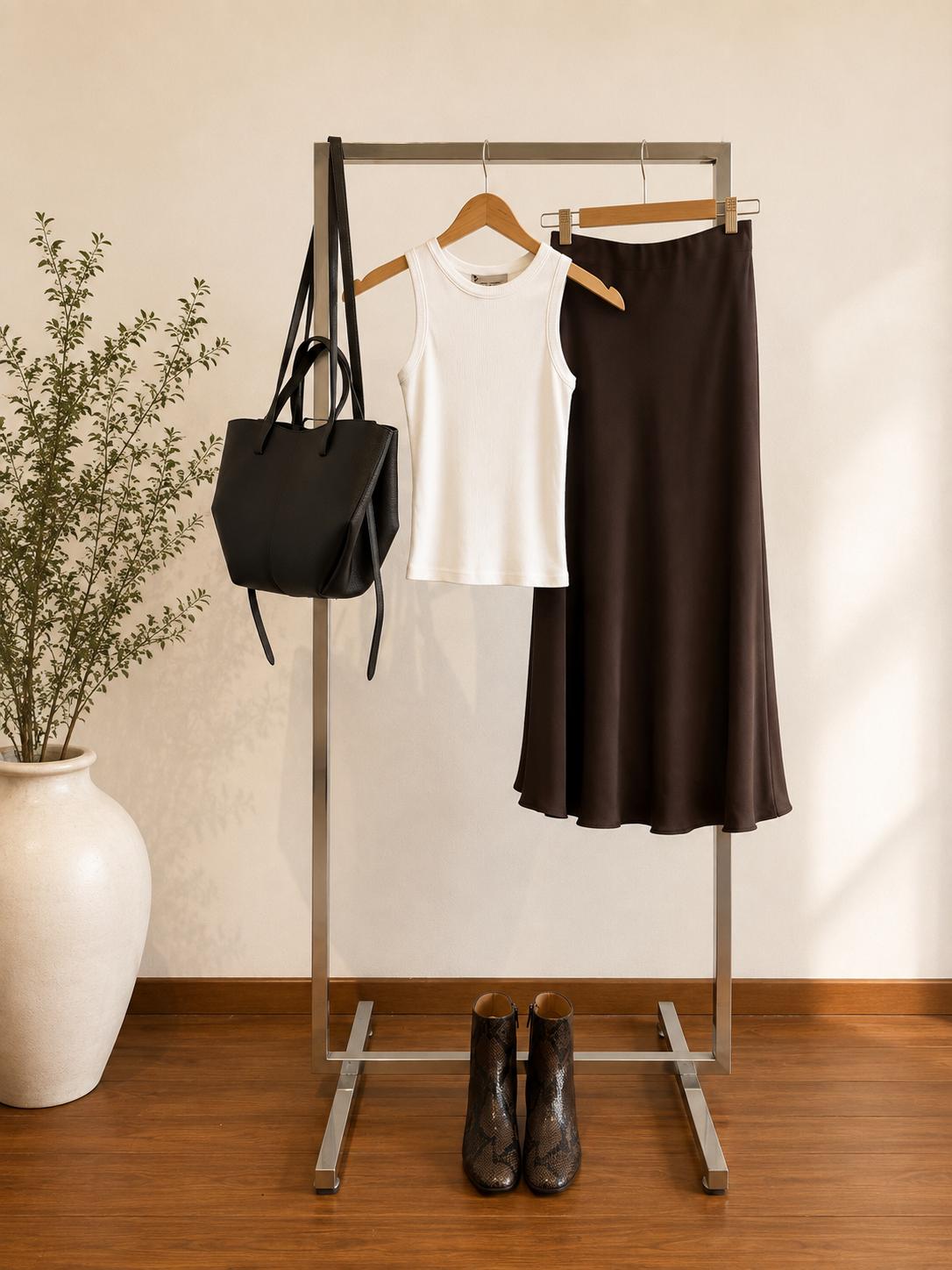 Look donna con gonna midi testa di moro, canotta bianca, borsa testa di moro e stivaletti pitonati